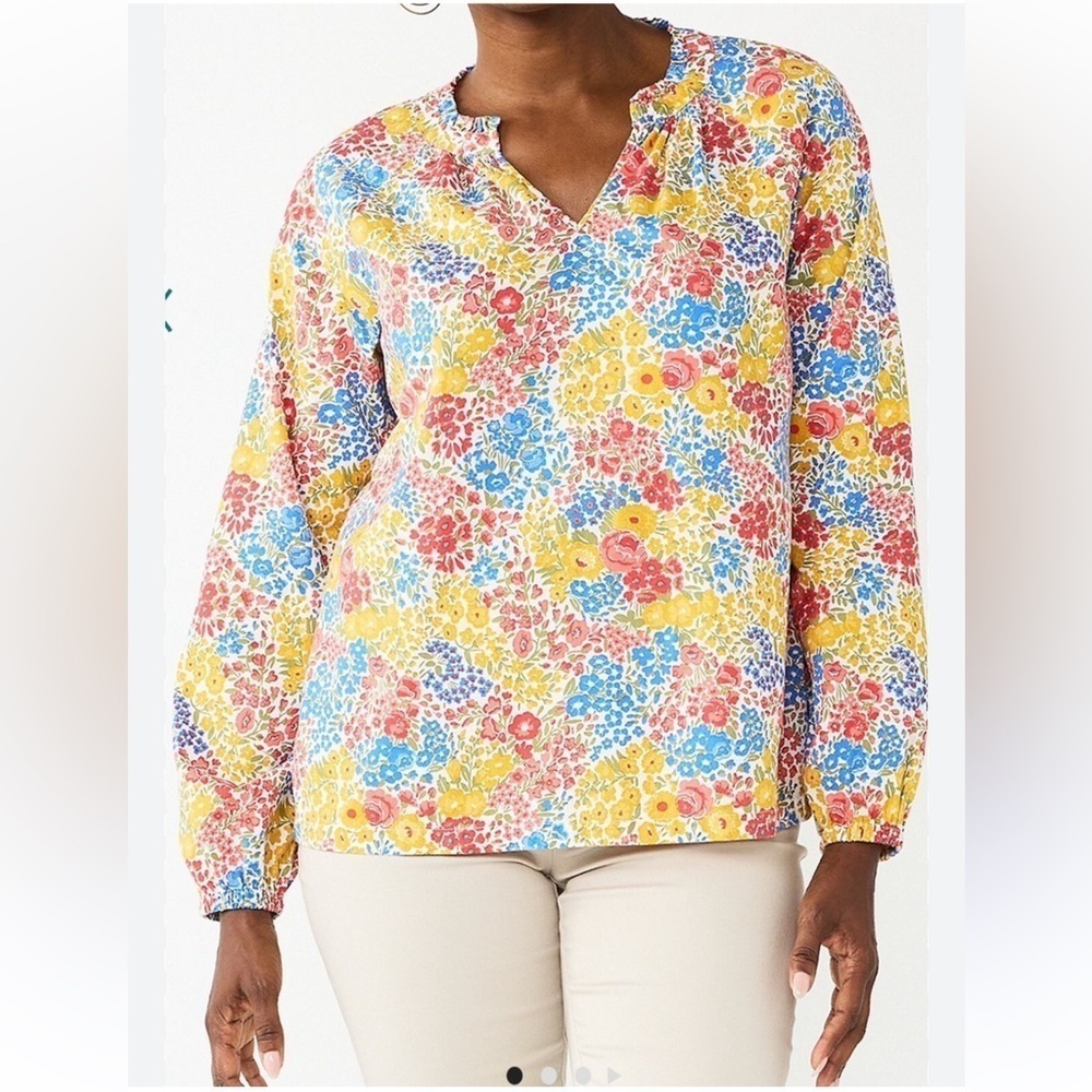 Croft & Barrow Women's Size Petite XS Raglan Cotton Popover Blouse Floral Ruffle